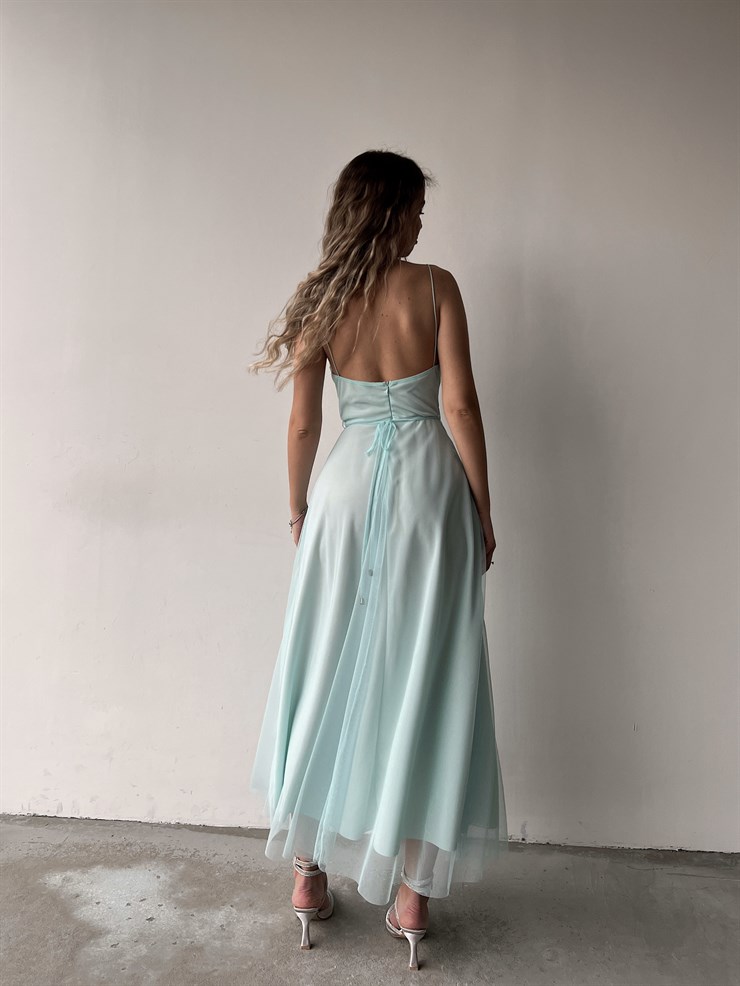 Tül İnce Askı Göğüs Kuplu Yırtmaçlı Brian Kadın Mavi Elbise 22Y000138