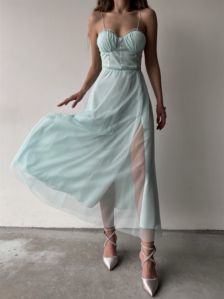 Tül İnce Askı Göğüs Kuplu Yırtmaçlı Brian Kadın Mavi Elbise 22Y000138