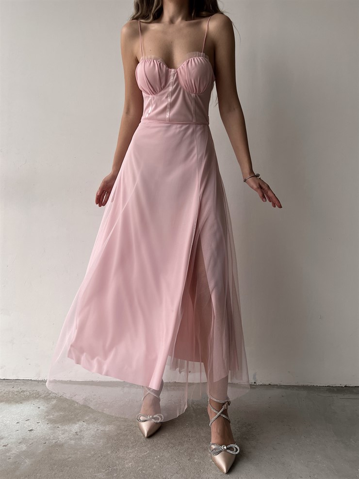 Tül İnce Askı Göğüs Kuplu Yırtmaçlı Brian Kadın Pudra Elbise 22Y000138