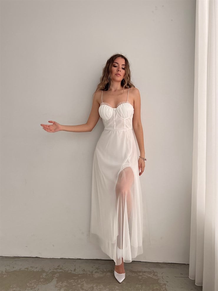 Tül İnce Askı Göğüs Kuplu Yırtmaçlı Brian Kadın Beyaz Elbise 22Y000138