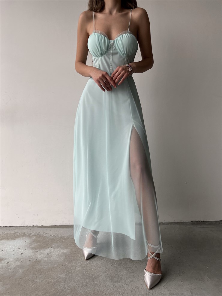 Tül İnce Askı Göğüs Kuplu Yırtmaçlı Brian Kadın Mavi Elbise 22Y000138