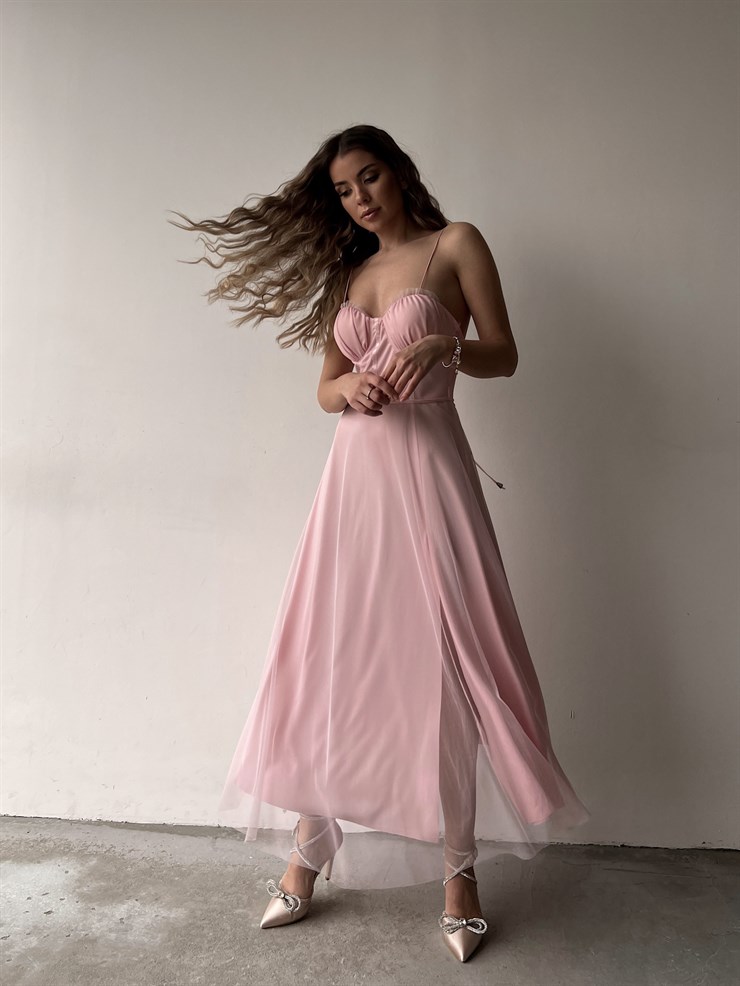 Tül İnce Askı Göğüs Kuplu Yırtmaçlı Brian Kadın Pudra Elbise 22Y000138