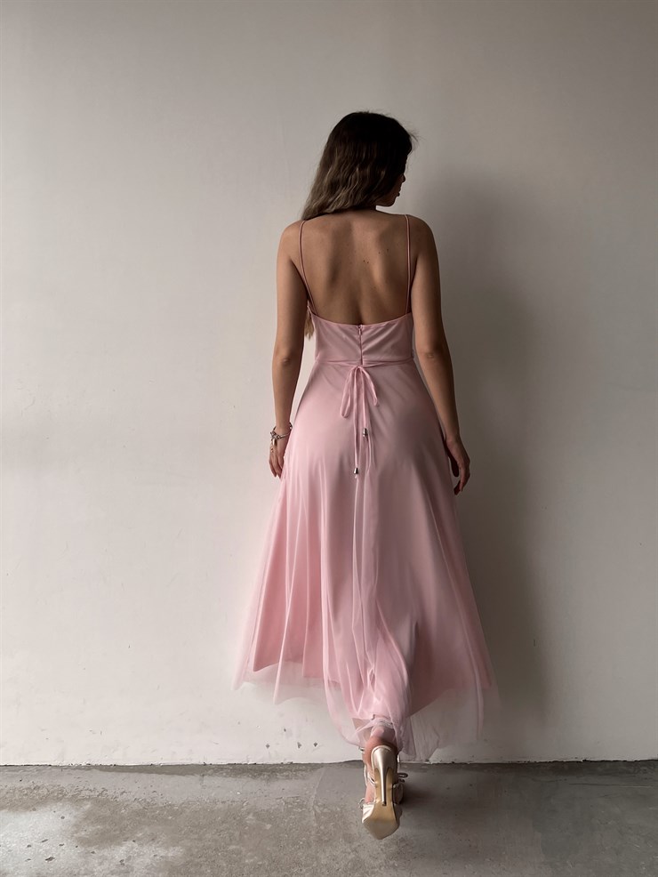 Tül İnce Askı Göğüs Kuplu Yırtmaçlı Brian Kadın Pudra Elbise 22Y000138