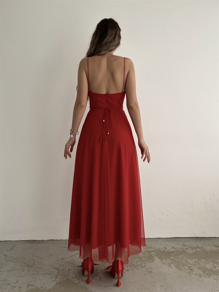 Tül İnce Askı Göğüs Kuplu Yırtmaçlı Brian Kadın Kırmızı Elbise 22Y000138