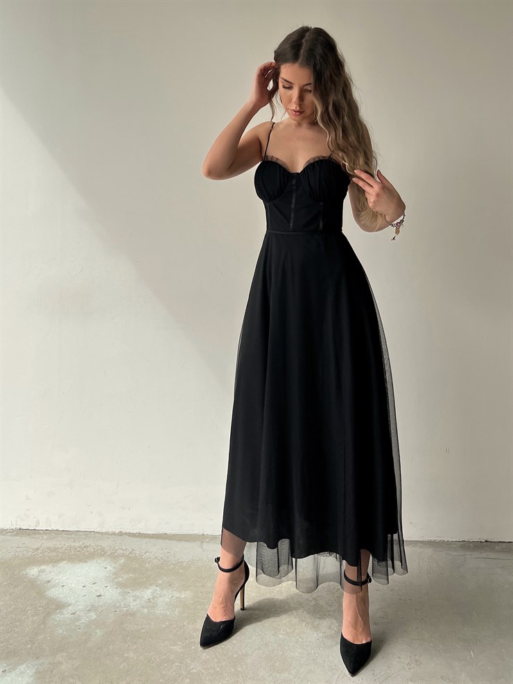 Tül İnce Askı Göğüs Kuplu Yırtmaçlı Brian Kadın Siyah Elbise 22Y000138