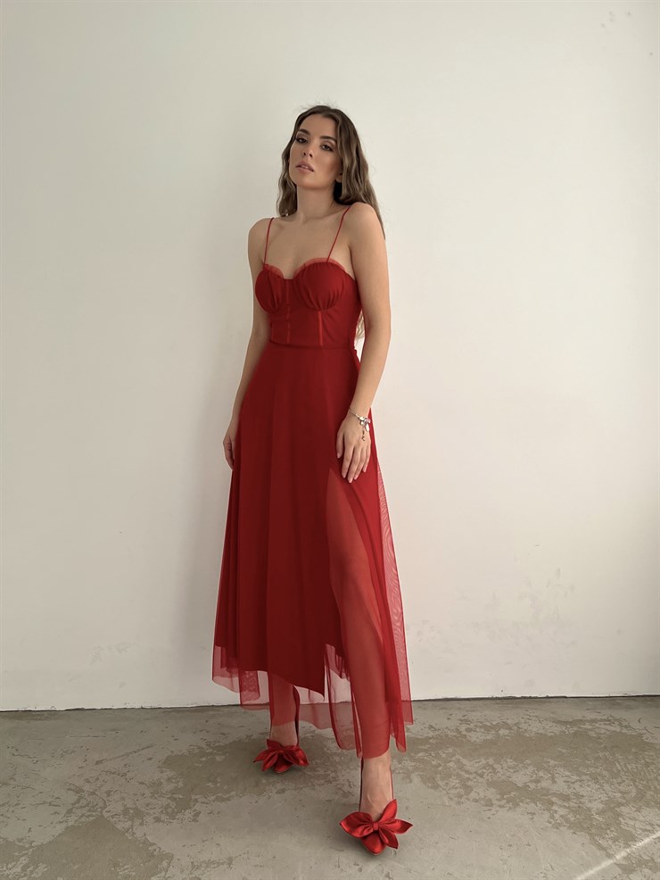 Tül İnce Askı Göğüs Kuplu Yırtmaçlı Brian Kadın Kırmızı Elbise 22Y000138