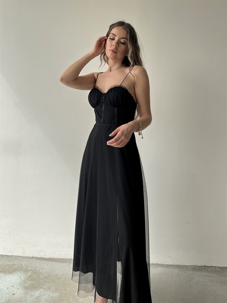 Tül İnce Askı Göğüs Kuplu Yırtmaçlı Brian Kadın Siyah Elbise 22Y000138