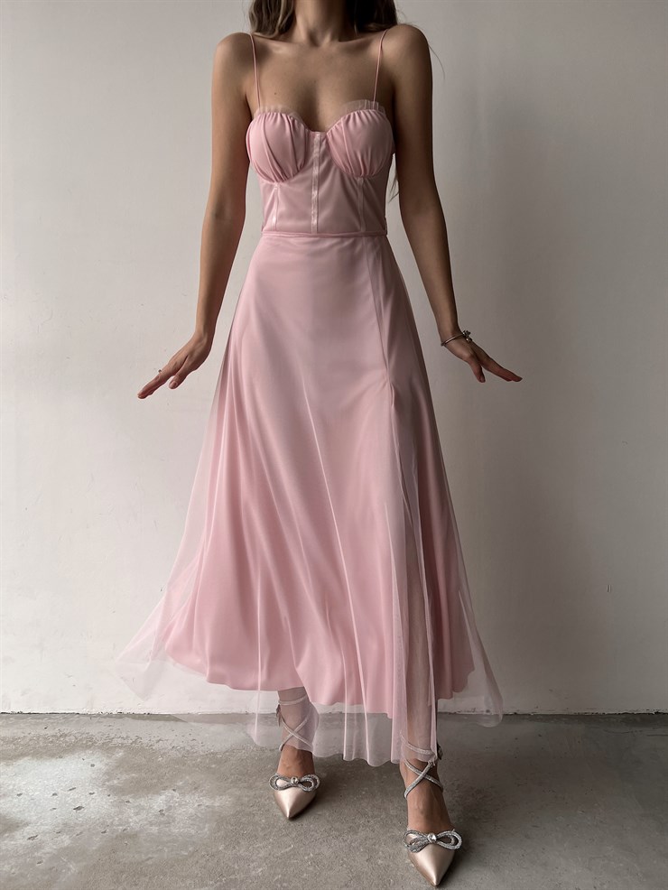 Tül İnce Askı Göğüs Kuplu Yırtmaçlı Brian Kadın Pudra Elbise 22Y000138