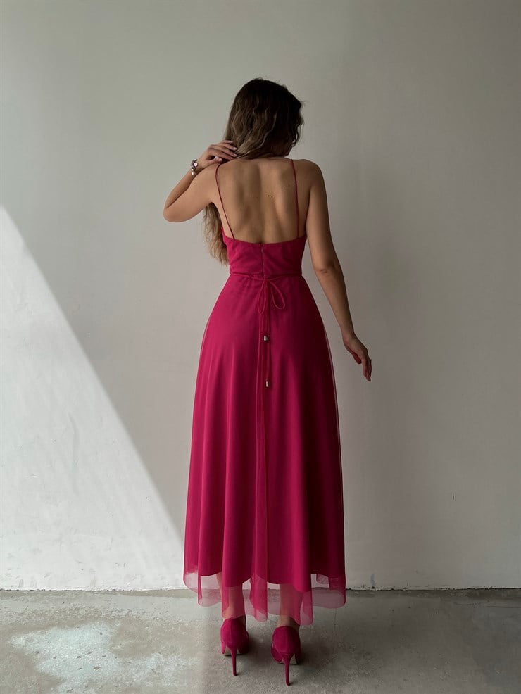 Tül İnce Askı Göğüs Kuplu Yırtmaçlı Brian Kadın Fuşya Elbise 22Y000138