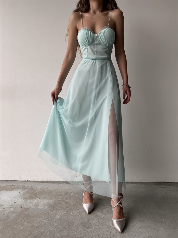 Tül İnce Askı Göğüs Kuplu Yırtmaçlı Brian Kadın Mavi Elbise 22Y000138