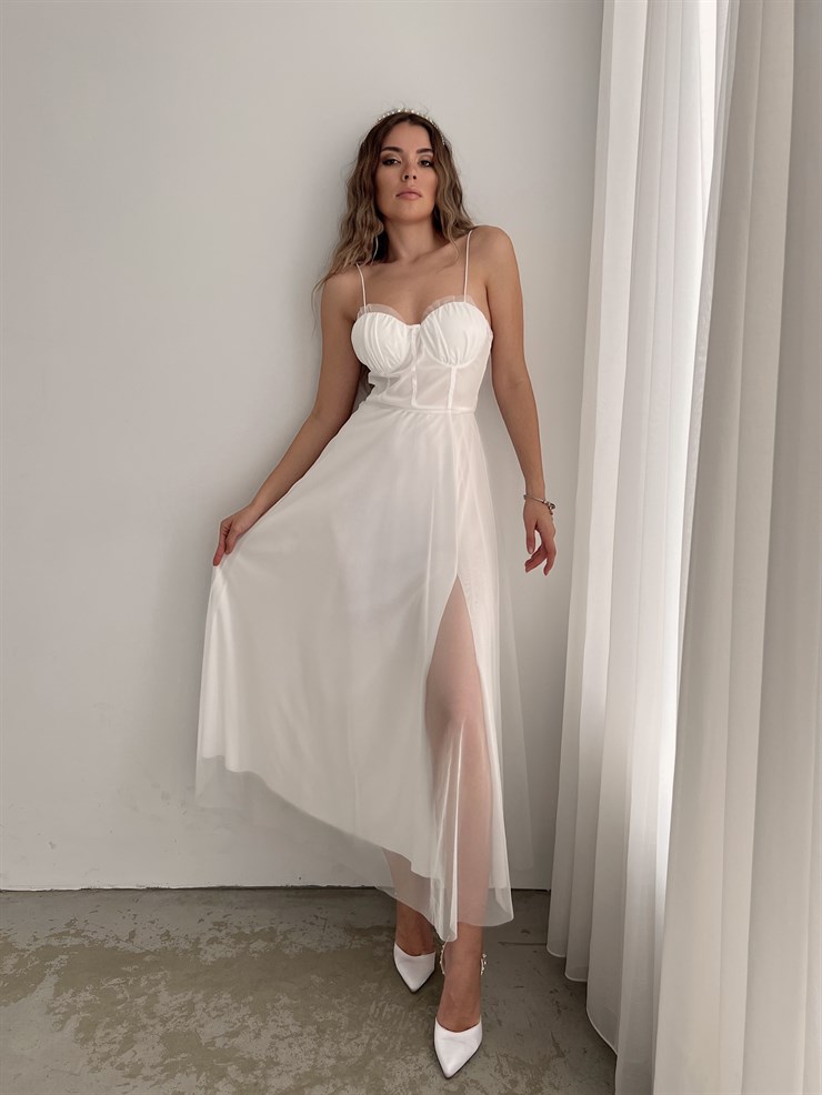 Tül İnce Askı Göğüs Kuplu Yırtmaçlı Brian Kadın Beyaz Elbise 22Y000138