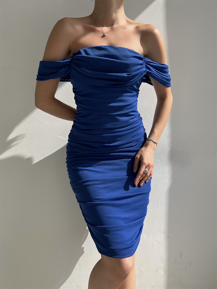 Tül Kumaş Drapeli Arkadan Yırtmaçlı Zella Kadın Saks Elbise 22Y000365