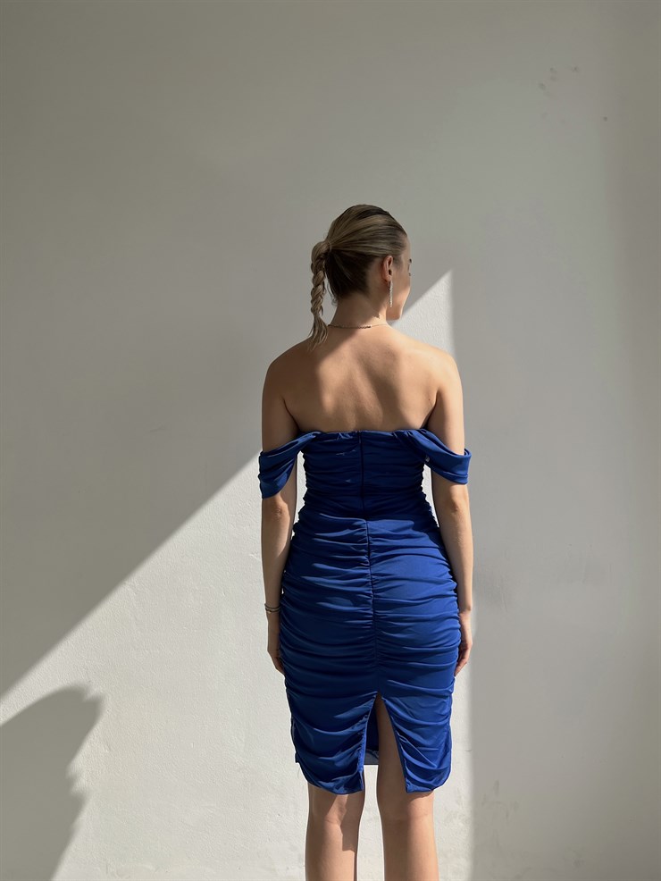 Tül Kumaş Drapeli Arkadan Yırtmaçlı Zella Kadın Saks Elbise 22Y000365