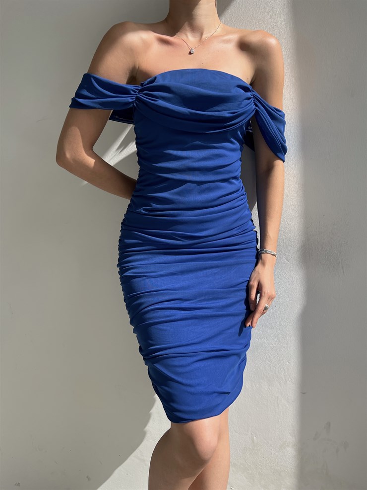 Tül Kumaş Drapeli Arkadan Yırtmaçlı Zella Kadın Saks Elbise 22Y000365