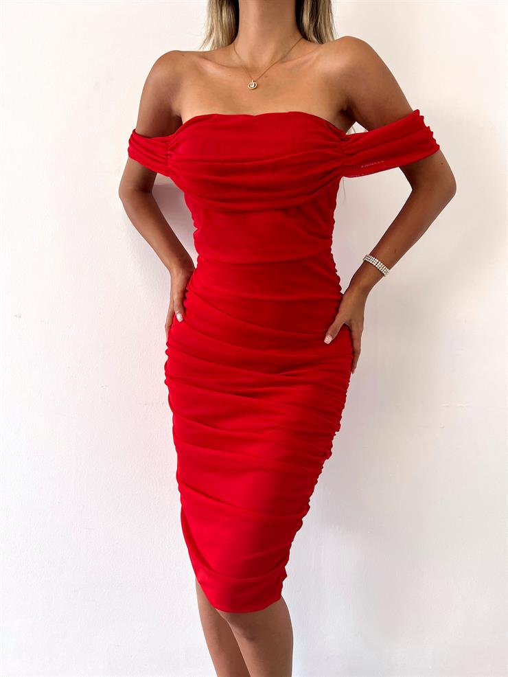 Tül Kumaş Drapeli Arkadan Yırtmaçlı Zella Kadın Kırmızı Elbise 22Y000365