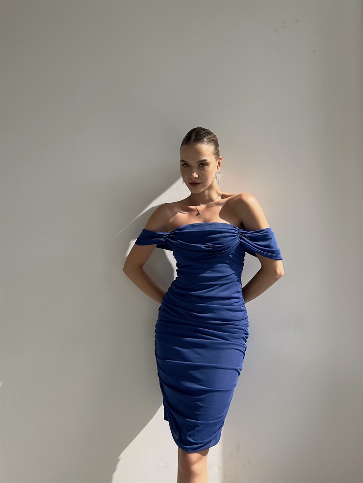 Tül Kumaş Drapeli Arkadan Yırtmaçlı Zella Kadın Saks Elbise 22Y000365