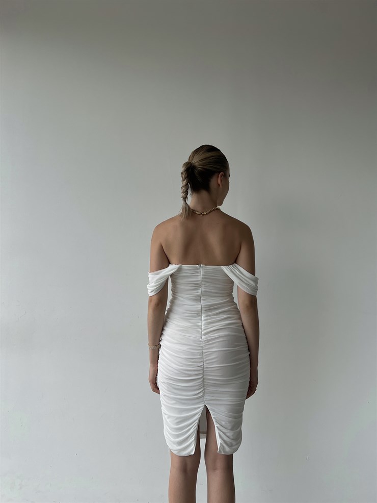 Tül Kumaş Drapeli Arkadan Yırtmaçlı Zella Kadın Beyaz Elbise 22Y000365