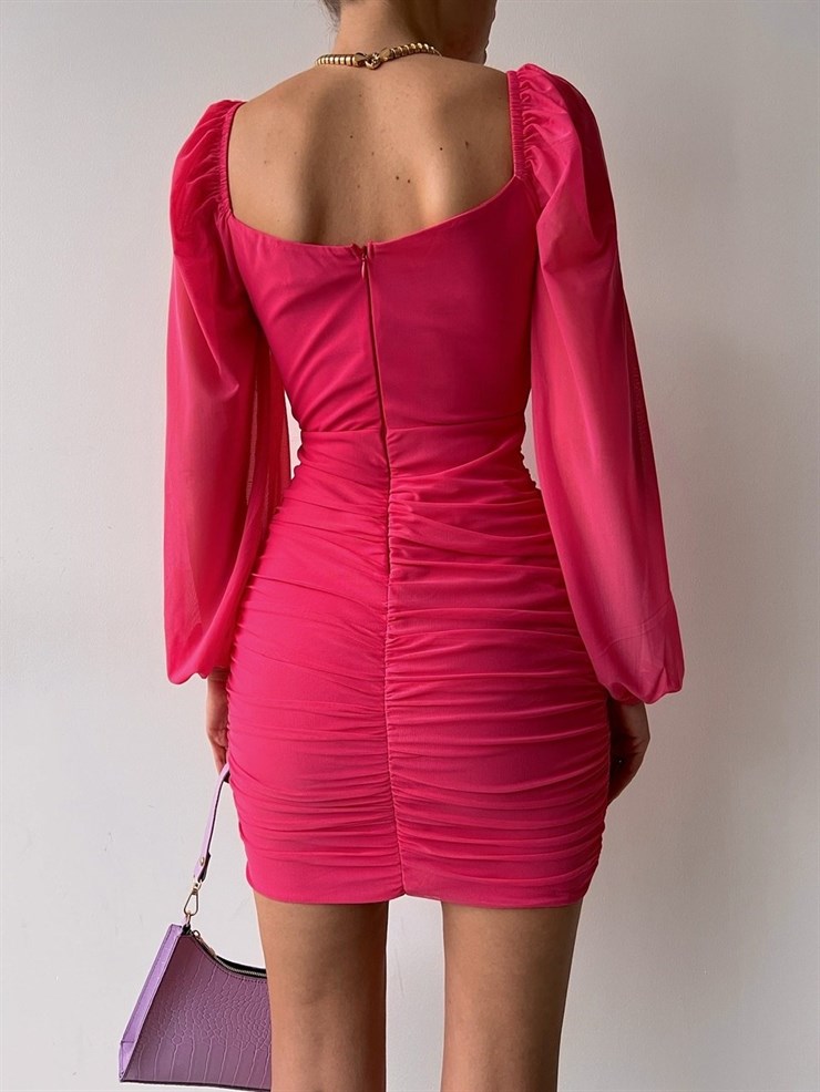 Tül Önü Pencere Detay Büzgülü Harley Kadın Pembe Mini Elbise 22K000531