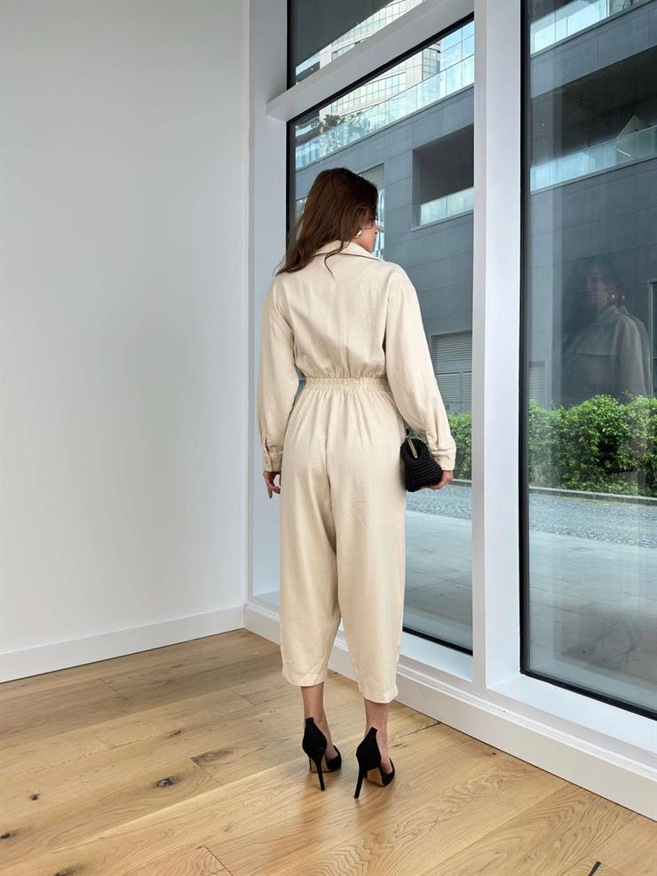 Kruvaze Yaka Beli Kemerli Pantolonu Şalvar Kadın Taş Tulum 24Y437