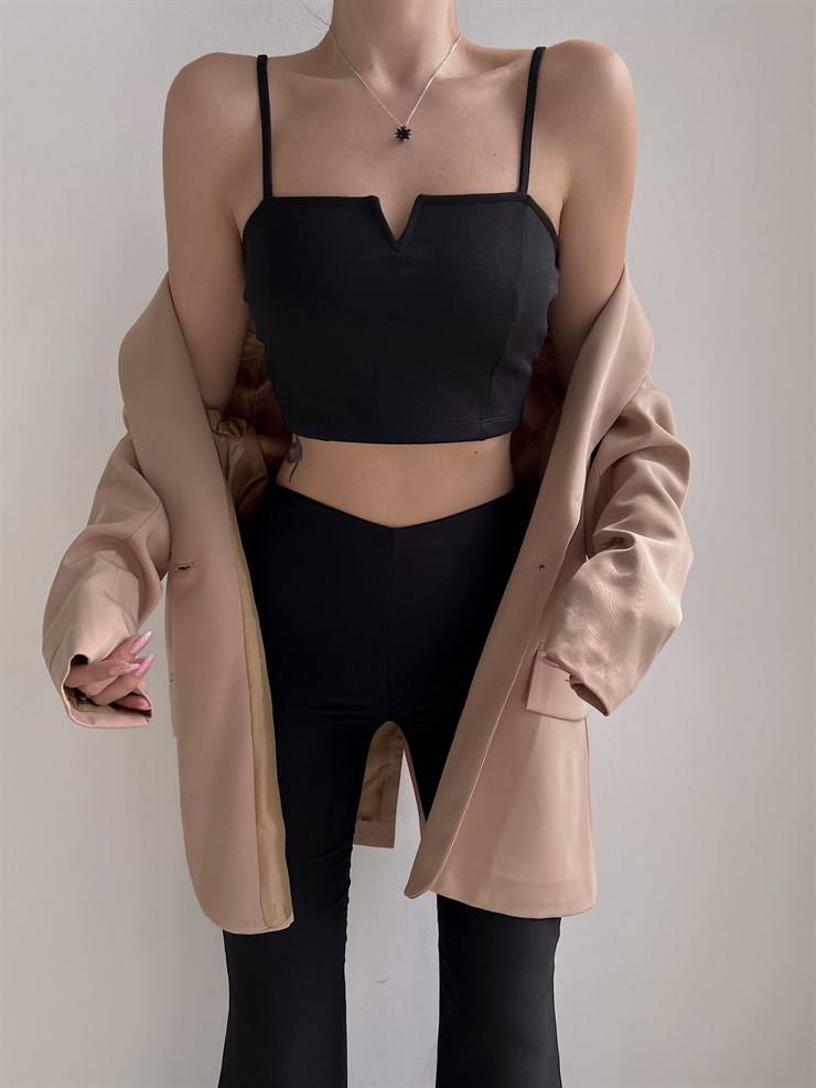 Üçgen Yaka Askılı Kadın Siyah Crop Atlet 21Y000211