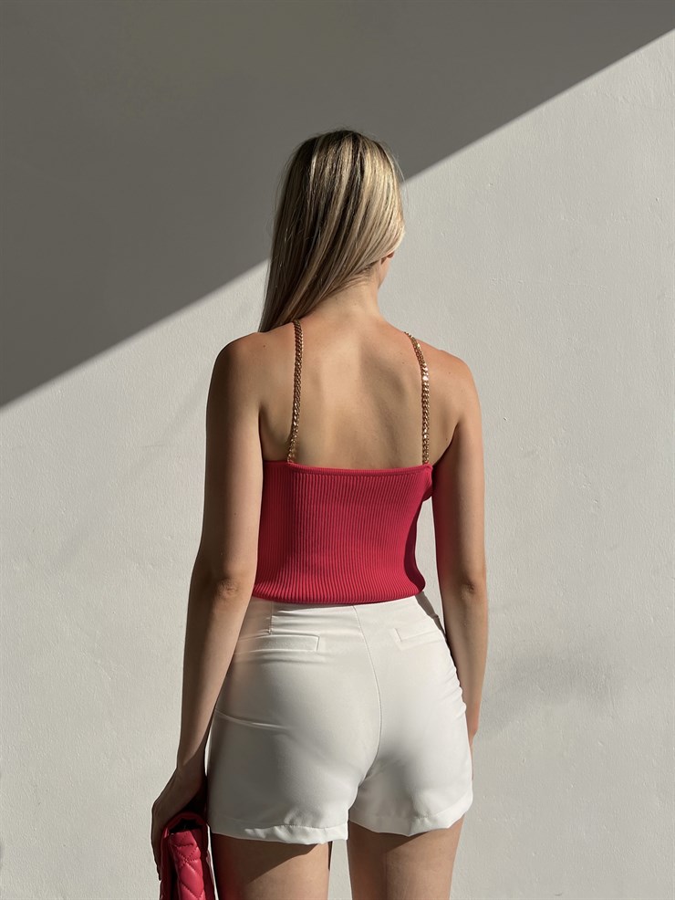 Üçgen Yaka Fitilli Zincir Askılı Jocasa Kadın Fuşya Triko Bluz 22Y000315