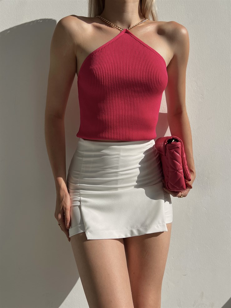 Üçgen Yaka Fitilli Zincir Askılı Jocasa Kadın Fuşya Triko Bluz 22Y000315