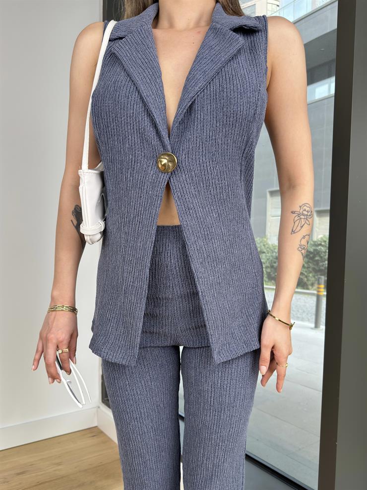 Düğme Detaylı Yelek Yüksek Bel İspanyol Paça Pantolon Ulgan İndigo Kadın Takım 25Y131