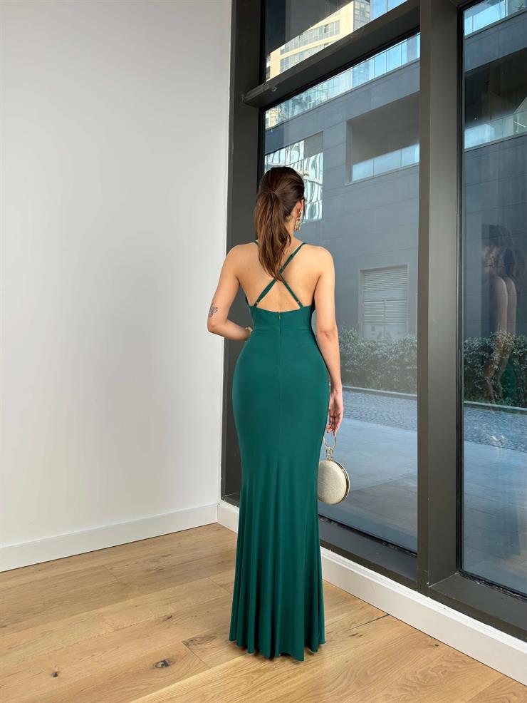 Degaje Yaka İnce Arkadan Çapraz Askılı Uliana Kadın Zümrüt Elbise 23Y000152