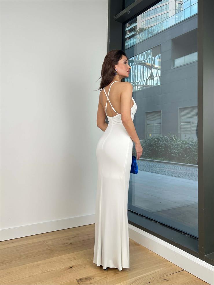 Degaje Yaka İnce Arkadan Çapraz Askılı Uliana Kadın Ekru Elbise 23Y000152