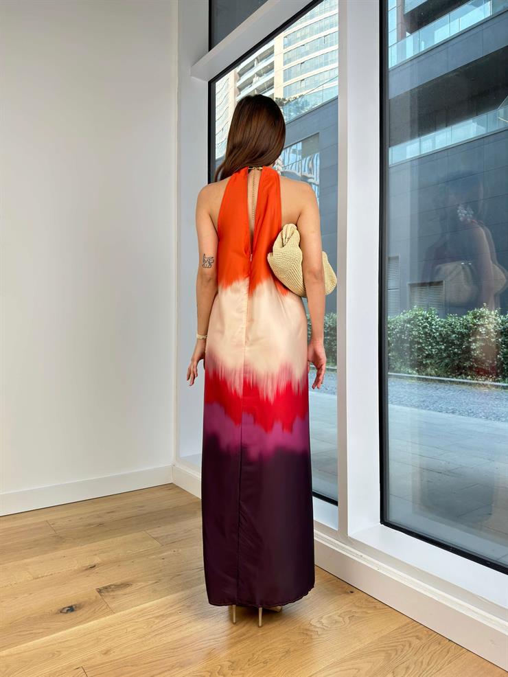 Kolsuz Ulva Kadın Renkli Desenli Saten Elbise 24Y637