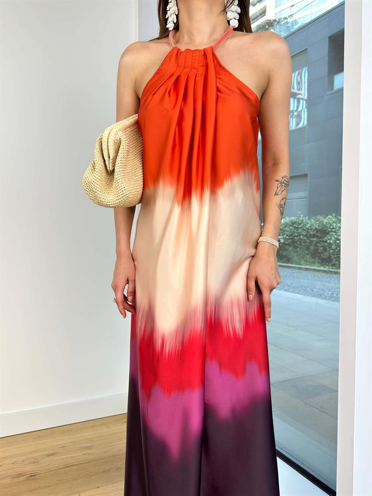 Kolsuz Ulva Kadın Renkli Desenli Saten Elbise 24Y637