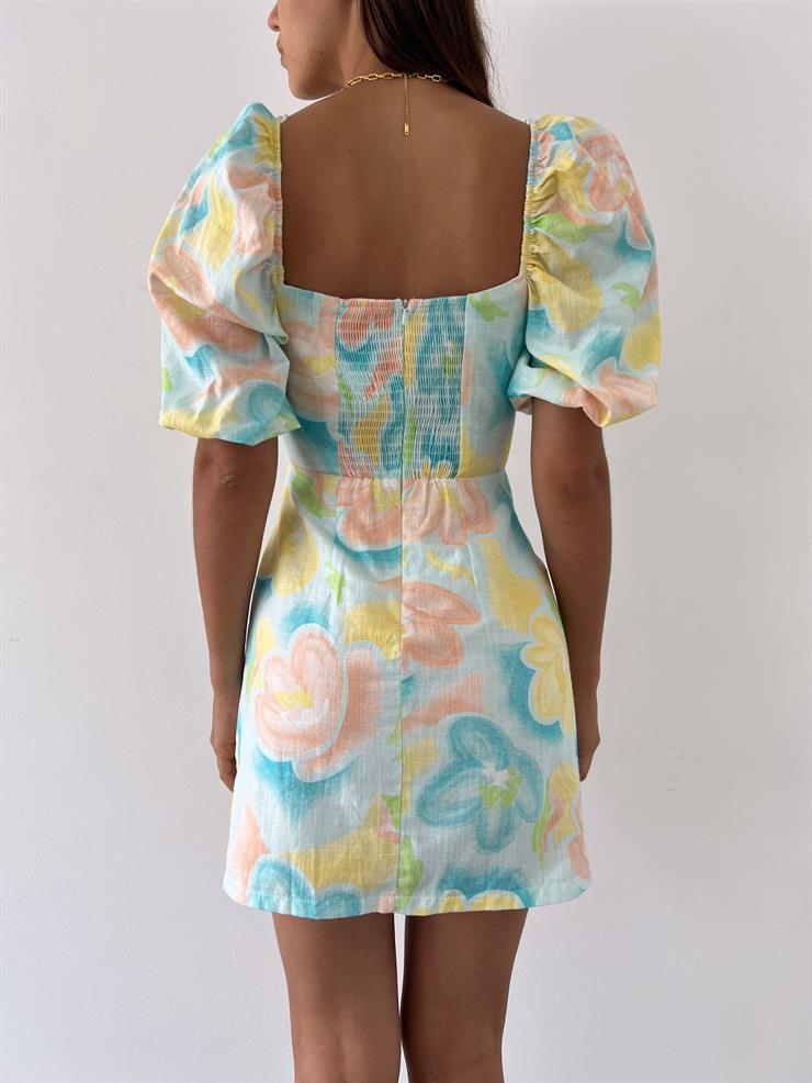 Kısa Balon Kollu Önü Bağlama Detaylı Livia Kadın Çiçek Desenli Renkli  Mini Elbise 23Y000449