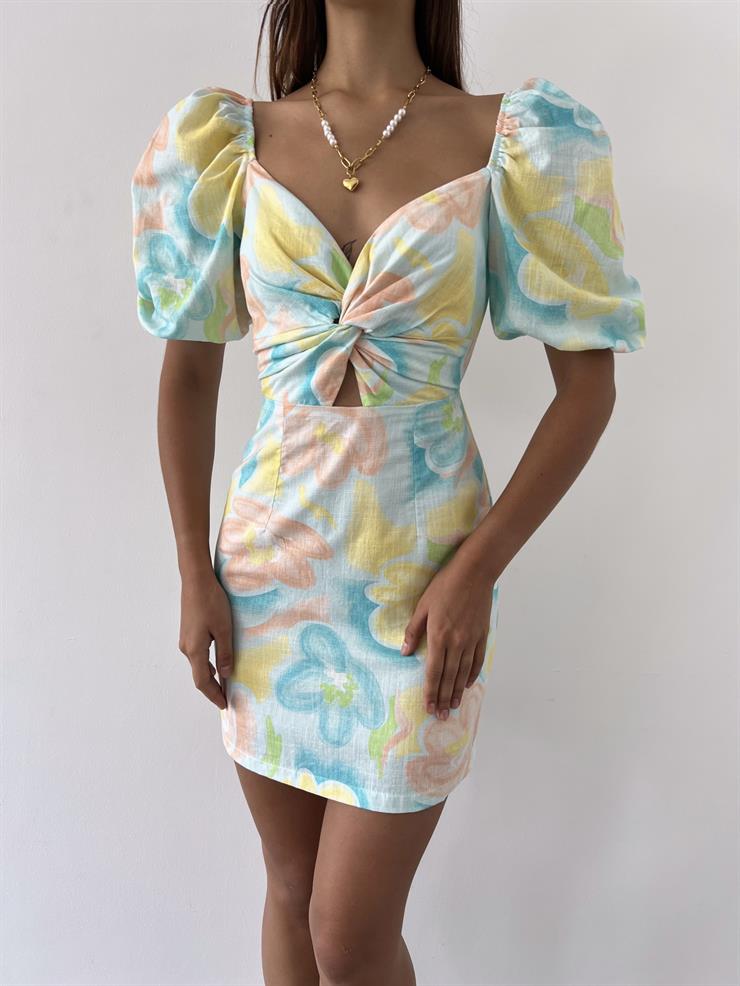 Kısa Balon Kollu Önü Bağlama Detaylı Livia Kadın Çiçek Desenli Renkli  Mini Elbise 23Y000449