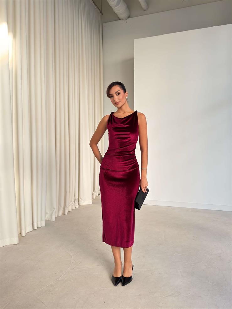 Drape Detaylı Urien Mor Kadın Kadife Elbise 26K264