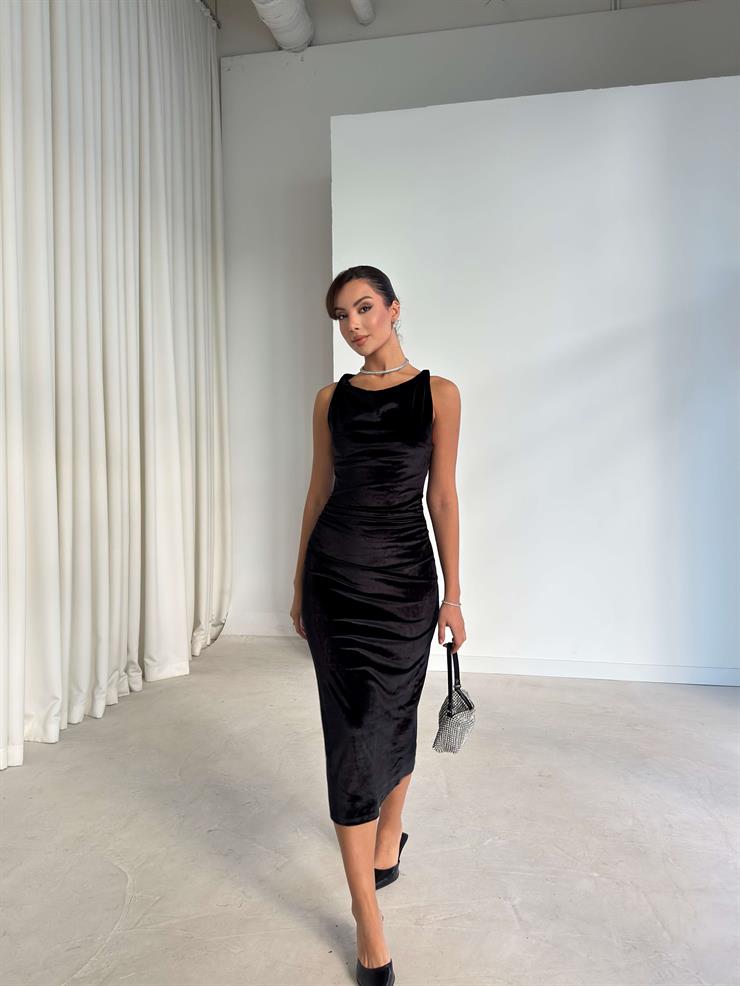 Drape Detaylı Urien Siyah Kadın Kadife Elbise 26K264