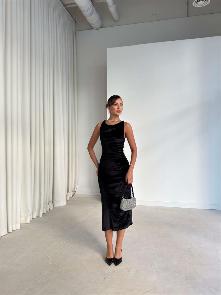 Drape Detaylı Urien Siyah Kadın Kadife Elbise 26K264