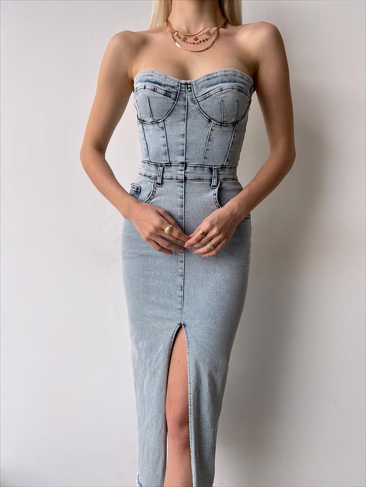 Straplez Belden Oturtmalı Yanları Cepli Ursula Kadın Buz Mavisi Elbise 23Y000257
