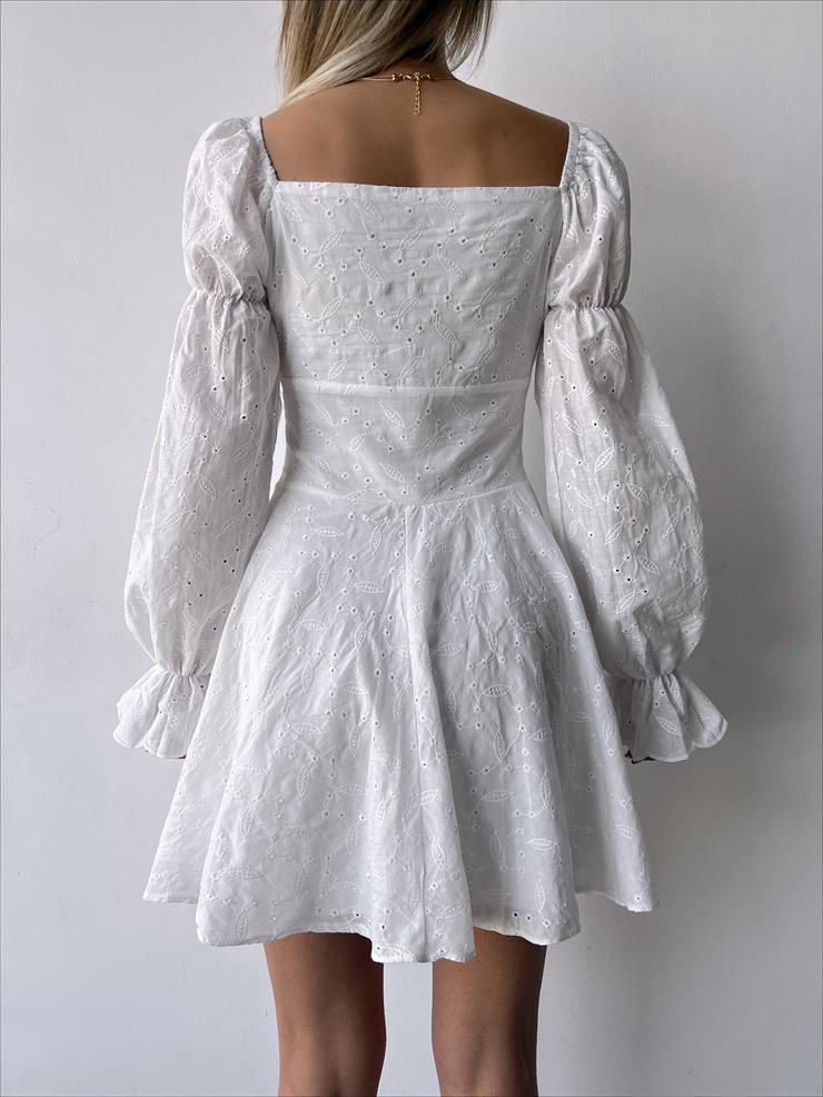 Uzun Balon Kol Korse Detaylı Rayna Brode Kadın Beyaz Mini Elbise 23Y000240