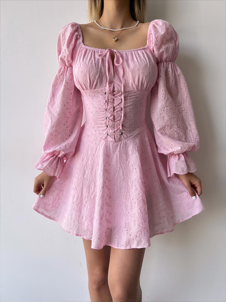 Uzun Balon Kol Korse Detaylı Rayna Brode Kadın Pembe Mini Elbise 23Y000240