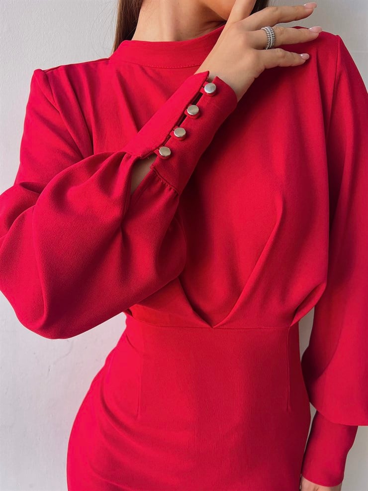 Uzun Balon Kollu Sırtı Derin Dekolteli Arbesa Kadın Kırmızı Mini Elbise 23K000167