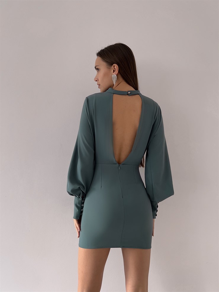 Uzun Balon Kollu Sırtı Derin Dekolteli Arbesa Kadın Petrol Yeşili Mini Elbise 23K000167