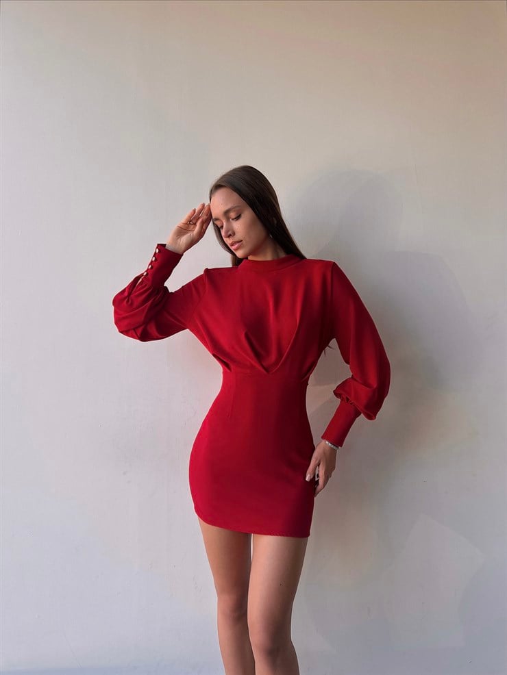 Uzun Balon Kollu Sırtı Derin Dekolteli Arbesa Kadın Kırmızı Mini Elbise 23K000167