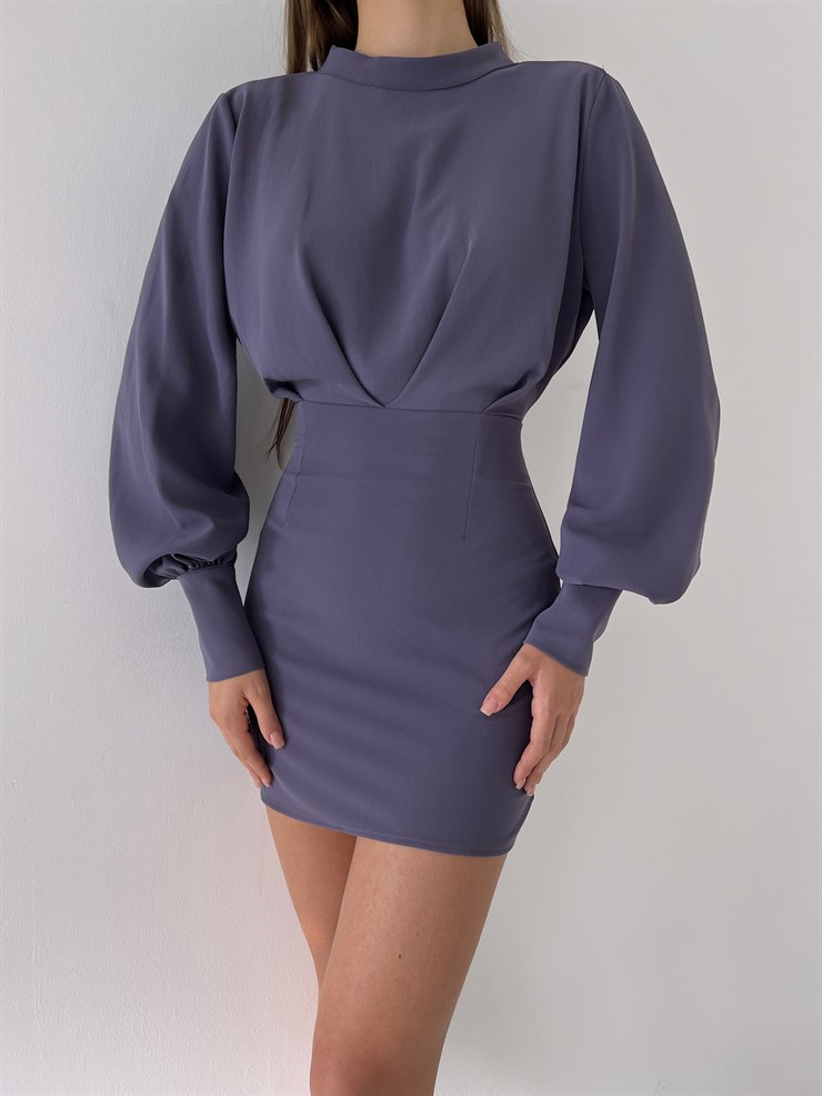 Uzun Balon Kollu Sırtı Derin Dekolteli Arbesa Kadın Antrasit Mini Elbise 23K000167