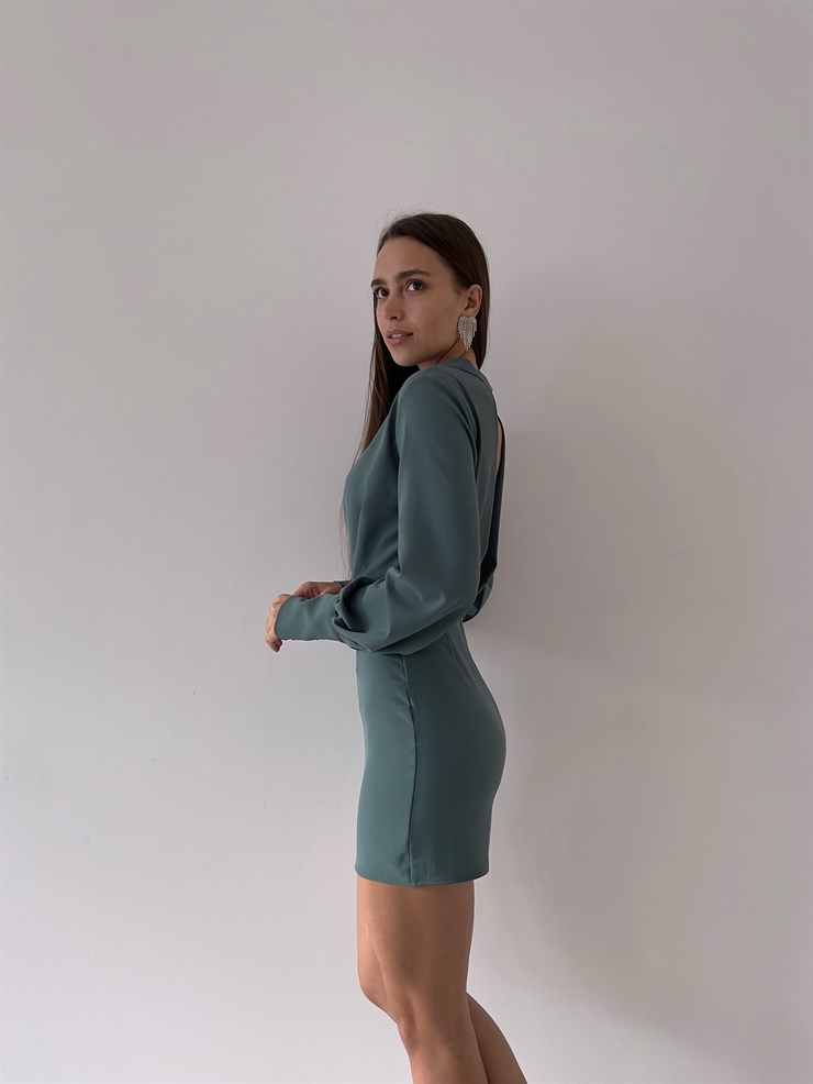 Uzun Balon Kollu Sırtı Derin Dekolteli Arbesa Kadın Petrol Yeşili Mini Elbise 23K000167