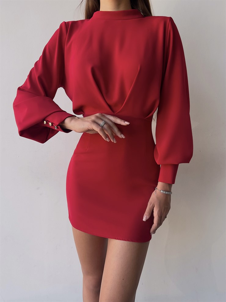 Uzun Balon Kollu Sırtı Derin Dekolteli Arbesa Kadın Kırmızı Mini Elbise 23K000167