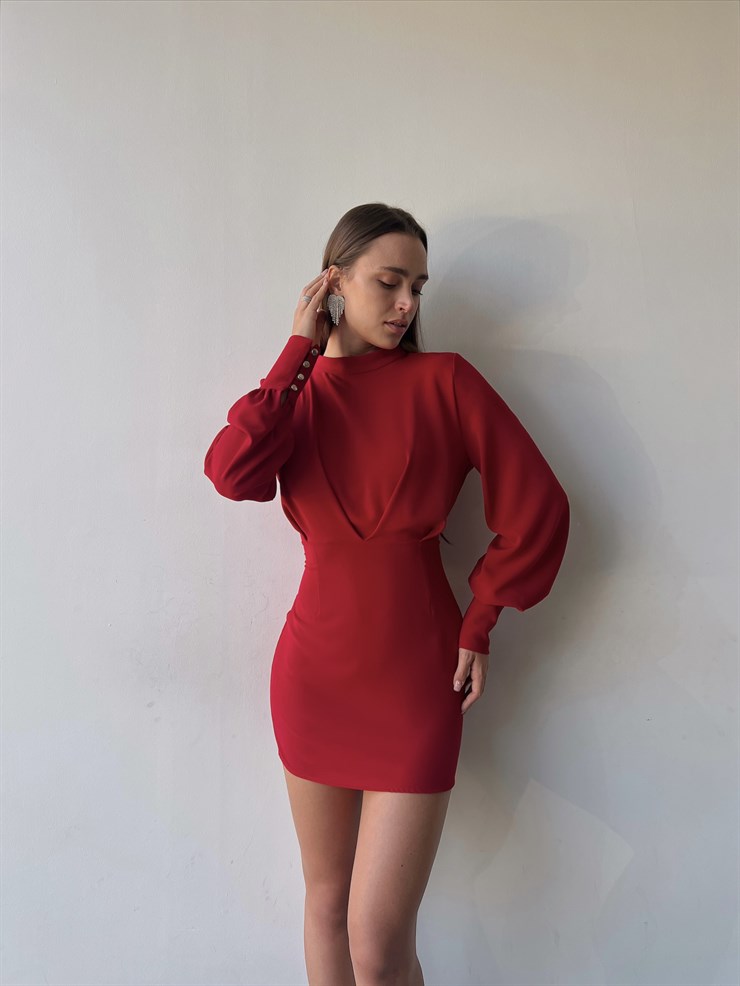 Uzun Balon Kollu Sırtı Derin Dekolteli Arbesa Kadın Kırmızı Mini Elbise 23K000167