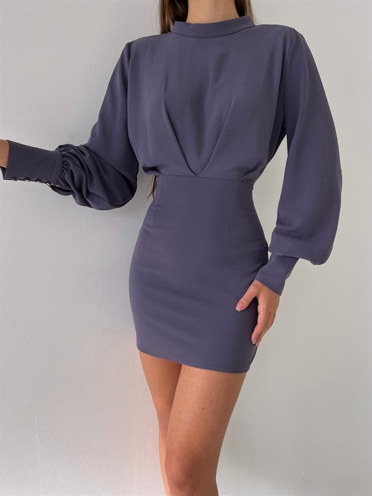 Uzun Balon Kollu Sırtı Derin Dekolteli Arbesa Kadın Antrasit Mini Elbise 23K000167