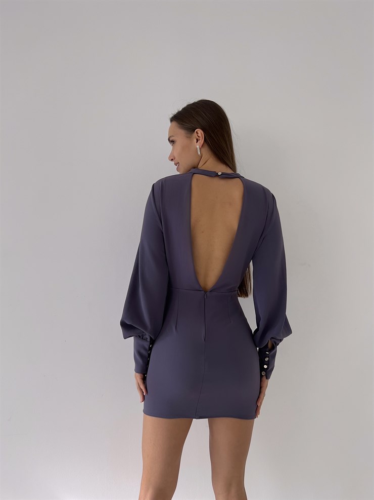 Uzun Balon Kollu Sırtı Derin Dekolteli Arbesa Kadın Antrasit Mini Elbise 23K000167