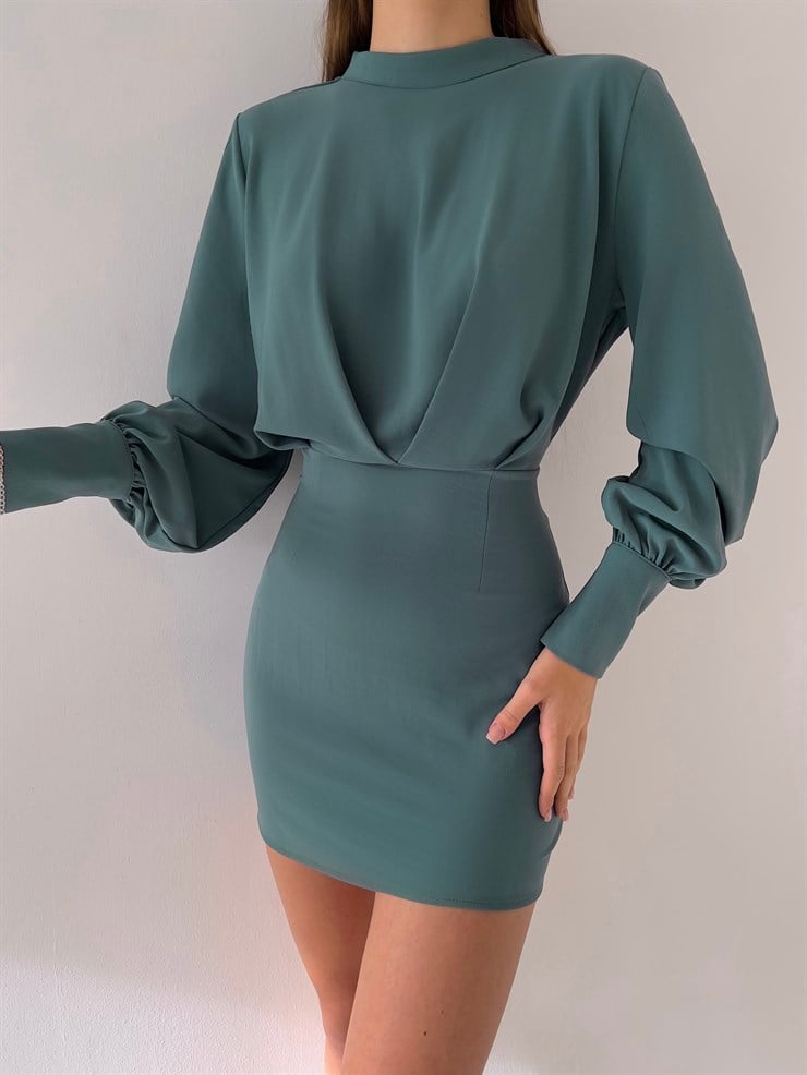 Uzun Balon Kollu Sırtı Derin Dekolteli Arbesa Kadın Petrol Yeşili Mini Elbise 23K000167