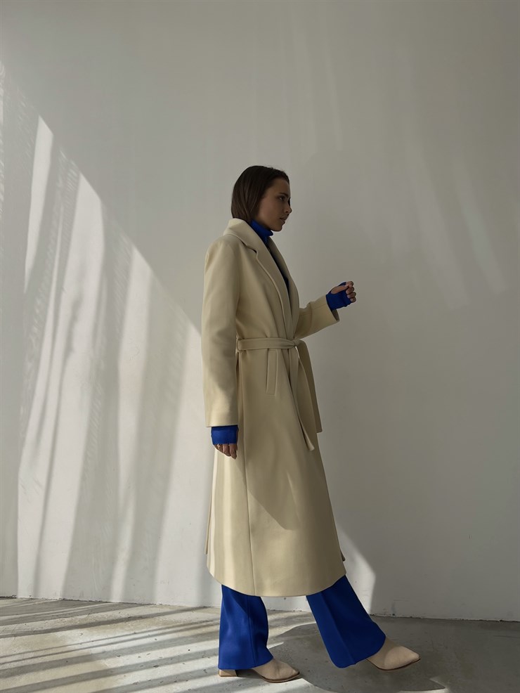 Uzun Beli Kemerli Yanları Cepli Edwin Kadın Taş Kaşe Kaban 23K000074